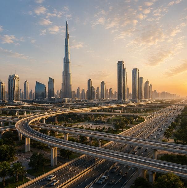 Dubai skyline with Burj Khalifa and multi-level highway interchange