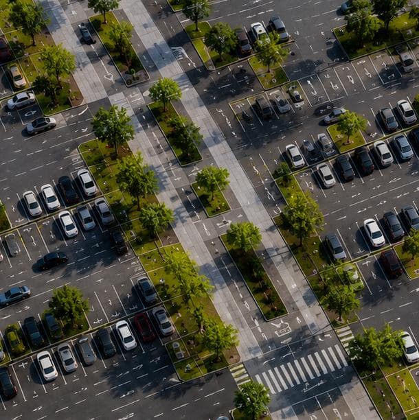 Aerial view of parking lot layout and circulation design