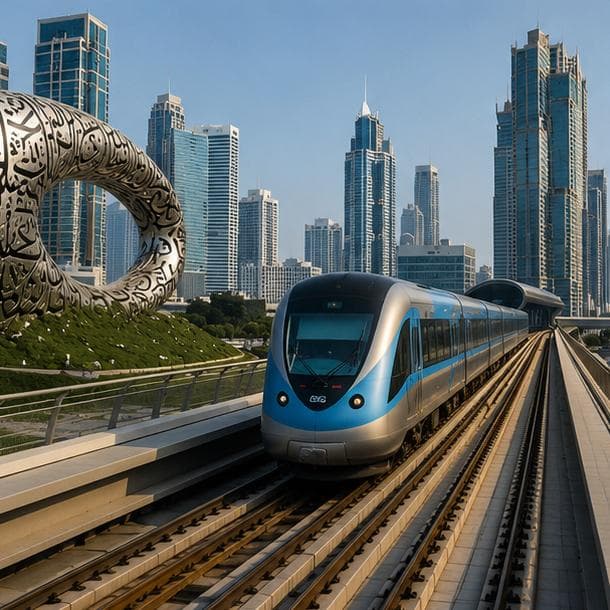 Dubai skyline with metro train and Museum of the Future